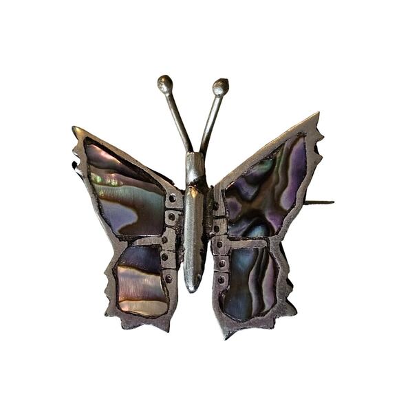 Vintage Alpaca Mexico Silver & Abalone Butterfly Brooch Pin - Picture 1 of 5